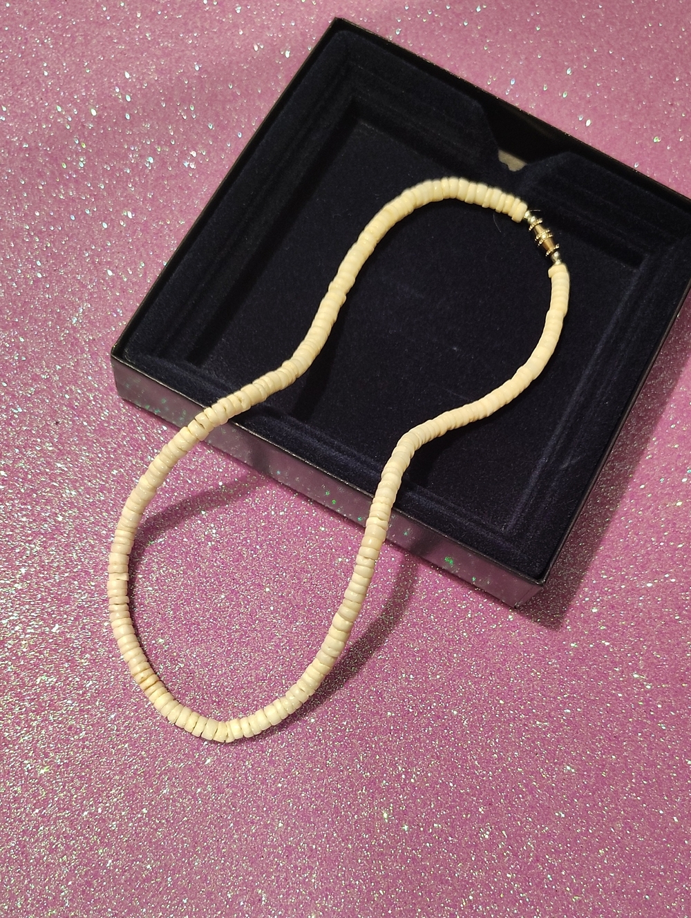 White Puka Shell Heishi Bead surfer necklace 16"